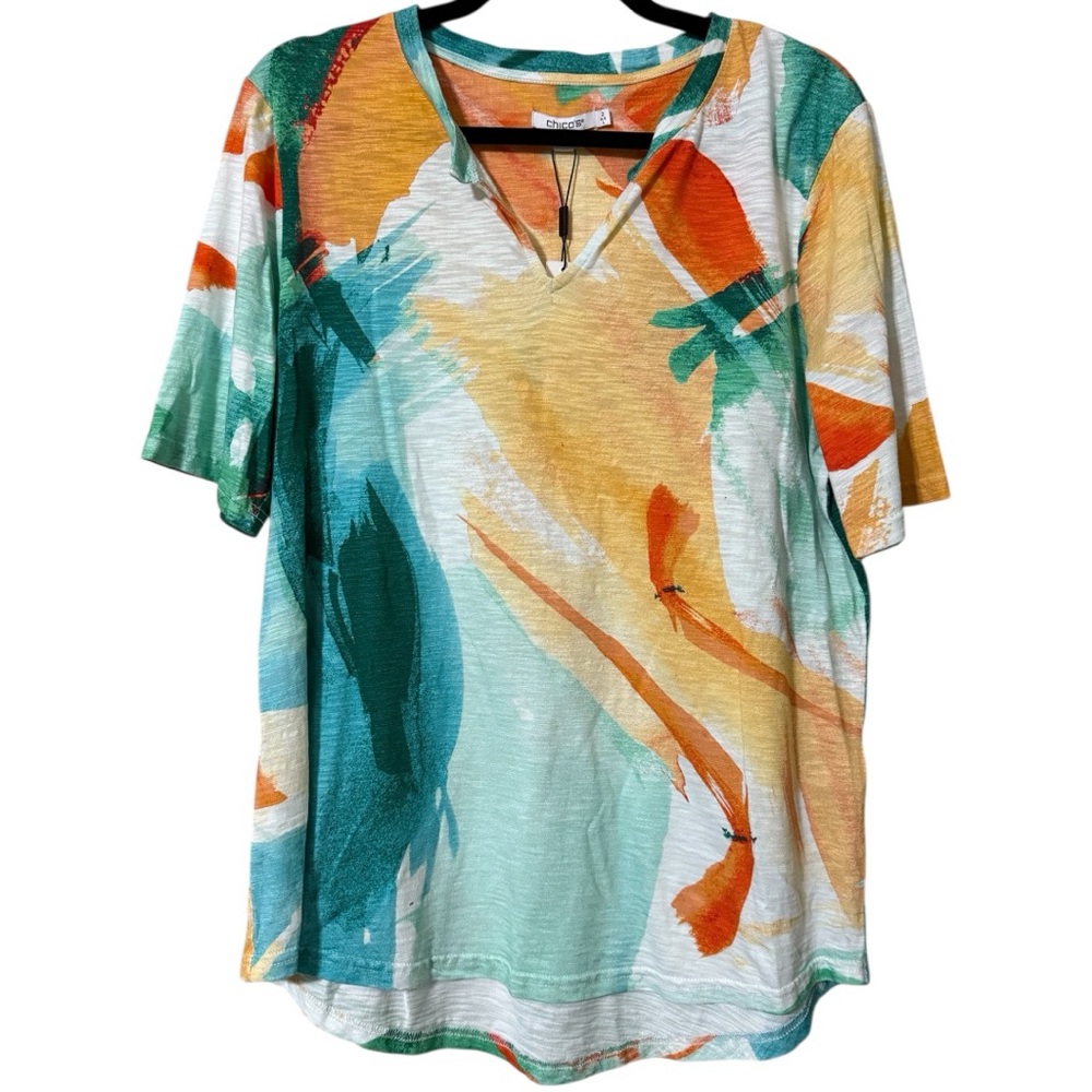 Chico's size 2 Short Sleeve V-Neck Tee in Teal, Orange, Yellow & White